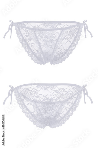 Detail shot of white lace erotic panties with ties, lace frills and a floral pattern. The sexy lingerie is isolated on the white background. Front and back views. 