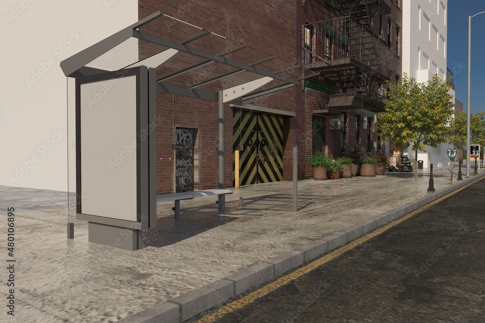 Bus Stop Bus Shelter Mockup 3D Rendering