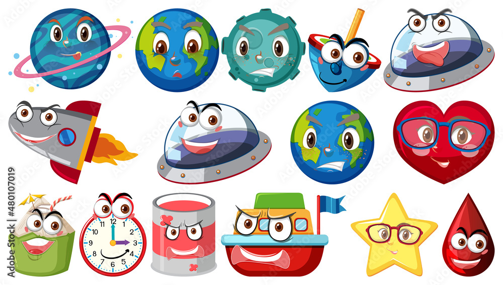 Fototapeta premium Set of different toy objects with smiley faces