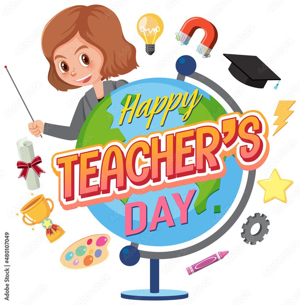 Happy Teacher s Day Banner With A Female Teacher And School Objects 