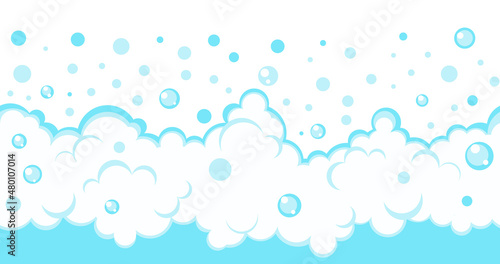 Soap bubbles border. Blue cartoon effervescent suds frame. Vector fizz background illustration.