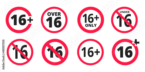 Under 16 forbidden round icon sign vector illustration. Sixteen or older persons adult content 16 plus only rating isolated on white background.