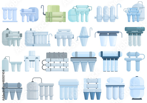 Reverse osmosis system icons set cartoon vector. Aqua filter. Water reverse