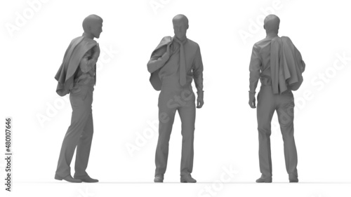 3D rendering of a casual business man front side and back view. Computer render model isolated silhouette.