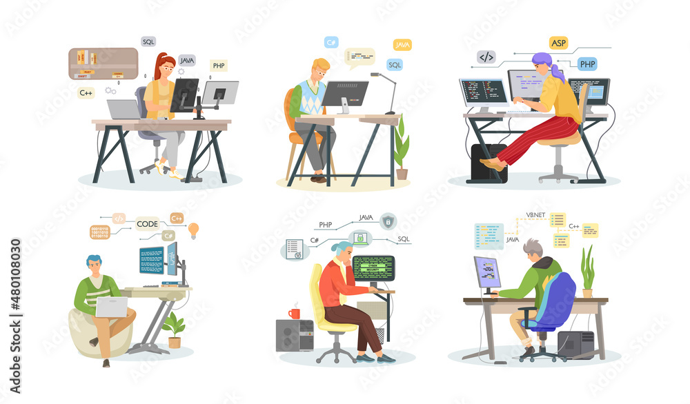 Programmer engineering and coding. Programmer working on code for web app development on computer. Concept of script coding and programming in php, javascript, python languages. Software developers Programmer engineering and coding. Programmer working on code for web app development on computer. Concept of script coding and programming in php, javascript, python languages. Software developers