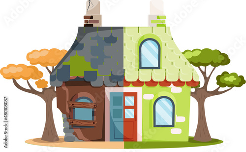 Home renovation, house before and after repair. New and old suburban cottage. Remodel construction. Old run-down house remodeled into cute traditional suburban cottage. Building maintenance service