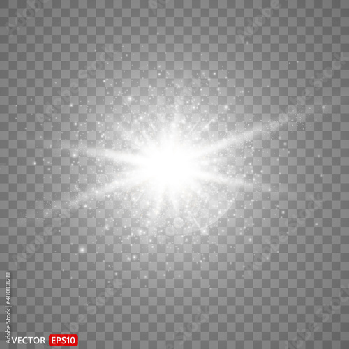 Shining star, the sun particles and sparks with a highlight effect, color bokeh lights glitter and sequins. On transparent background. Set. Vector, EPS10	
