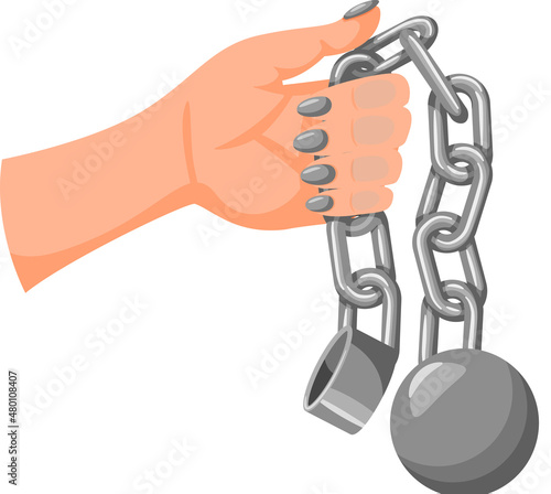 Human hand holding iron chain with ball. Breaking chain protest, rebel. Freedom, end of prohibitions. Dependency concept, inactive person. Addiction of character on something, confines on action