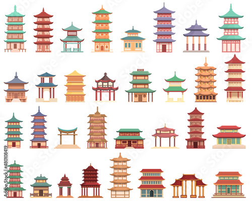 Pagoda icons set cartoon vector. Chinese temple. Roof building