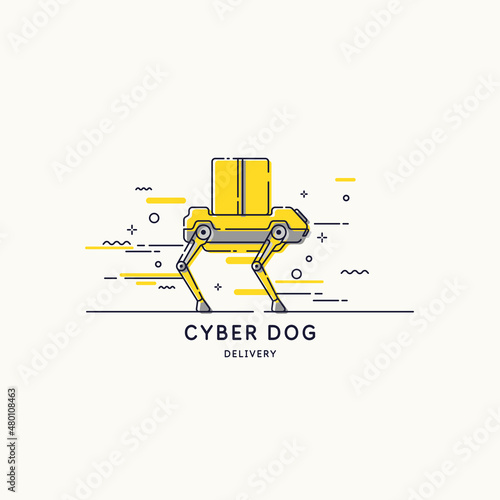 Vector drawing of a cyber dog. The robot delivers the order to the buyer. Food delivery by land transport.