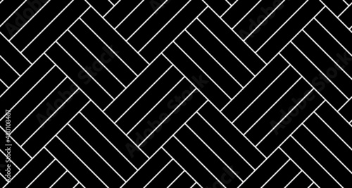 Black quadruple herringbone parquet floor seamless pattern with diagonal panels. Vector wooden or brick wall texture. Modern interior background. Outline monochrome wallpaper.