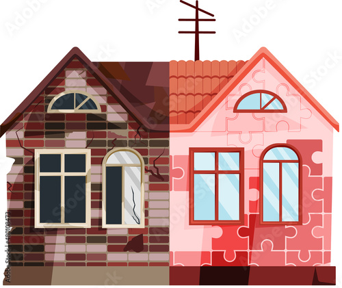 Home renovation, house before and after repair. New and old suburban cottage. Remodel construction. Old run-down house remodeled into cute traditional suburban cottage. Building maintenance service