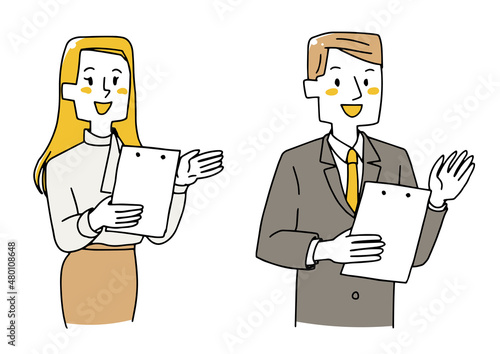 こちらとご案内するビジネスマンの男女のセット　温かみのある手描きの人物イラスト　白バックにベクター