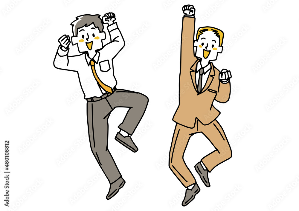 拳を突き上げジャンプしながら喜びや決意を表すスーツの男性のセット 温かみのある手描きの人物イラスト Stock Vector Adobe Stock