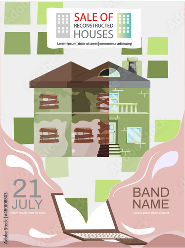 Creative mobile real estate sale web concept. Sale of reconstructed houses advertising announcement banner. Home renovation, building maintenance service, sale of used homes on secondary market