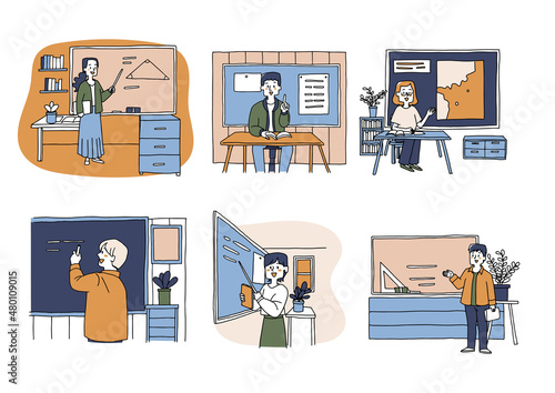 黒板やホワイトボードの前で授業をする学校の先生のセット　温かみのある手描きの人物　白バックにベクター
