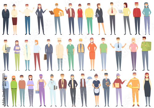 Business in masks icons set cartoon vector. Office man. Suit person