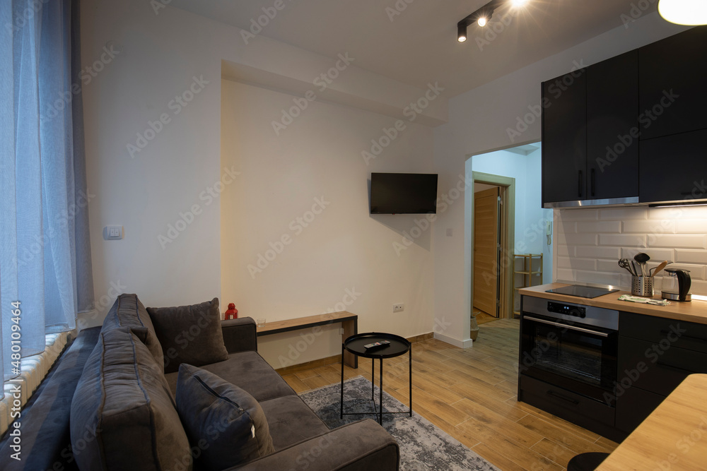 Open plan apartment interior with kitchen and dining space Open plan apartment interior with kitchen and dining space