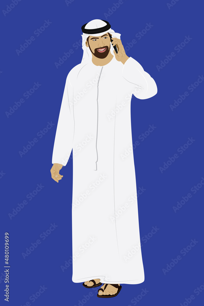 Man in traditional United Arab Emirates dress speaking on a smart phone, illustration