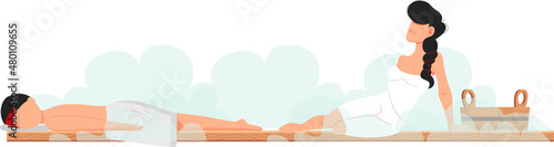 Cartoon people characters taking steam bath together. Flat vector illustration. Woman and man enjoying baths and steam, hammam with sauna whisk. Relax, health, bathhouse concept, wellness procedure