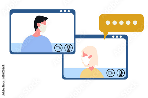 people wearing face masks are having conference call meeting