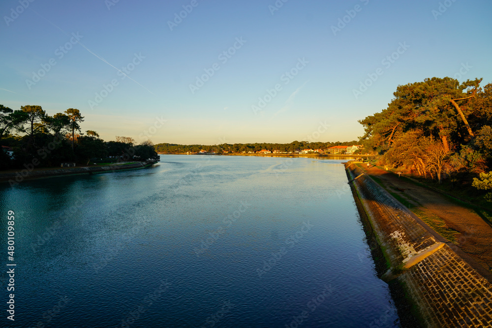 Hossegor lake with blue calm water in landes france