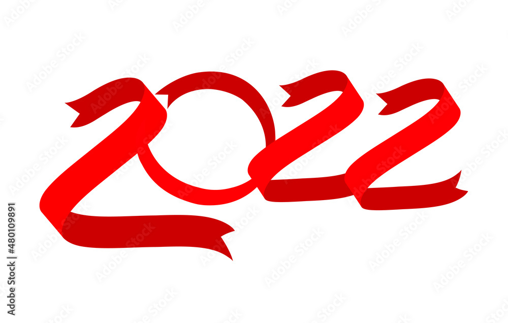 Obraz premium Red ribbon in shape 2022. Vector holiday illustration with 2022 text design.