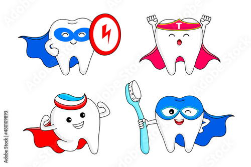 Cute cartoon super hero tooth. Character design, dental care concept. Vector illustration.
