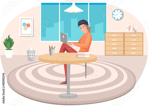Man, working person sitting in room and correspondence surfing Internet. Male character communicating through network on laptop. Freelance, work from home and home office concept. Working people