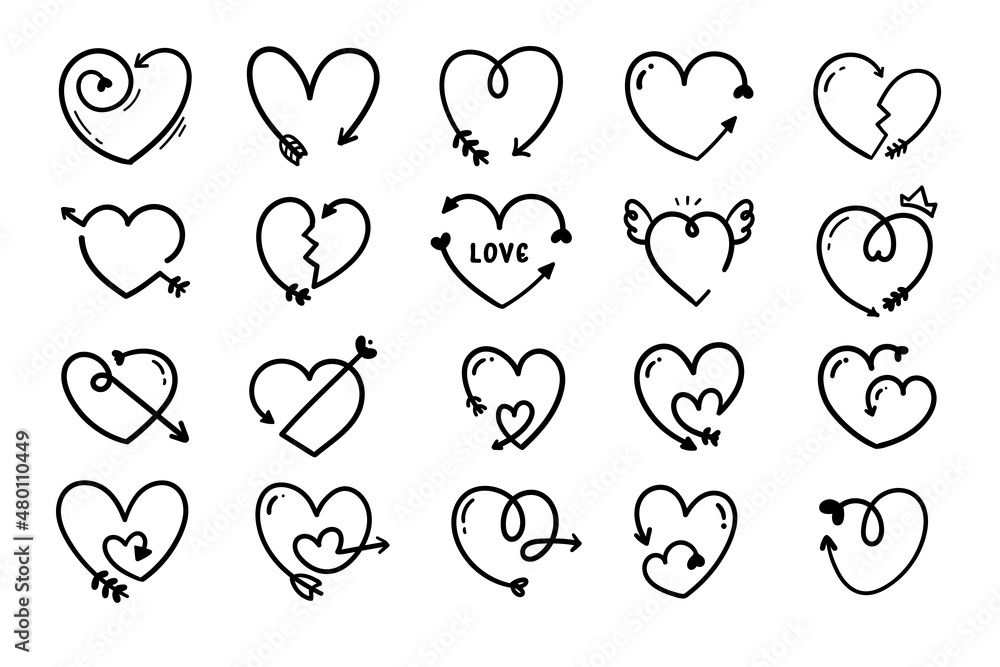 Fototapeta premium hand drawn lines of hearts embroidered with arrows of love