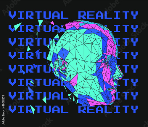 3D low poly model of a broken human head. Conceptual illustration of Artificial intelligence and Virtual Reality.