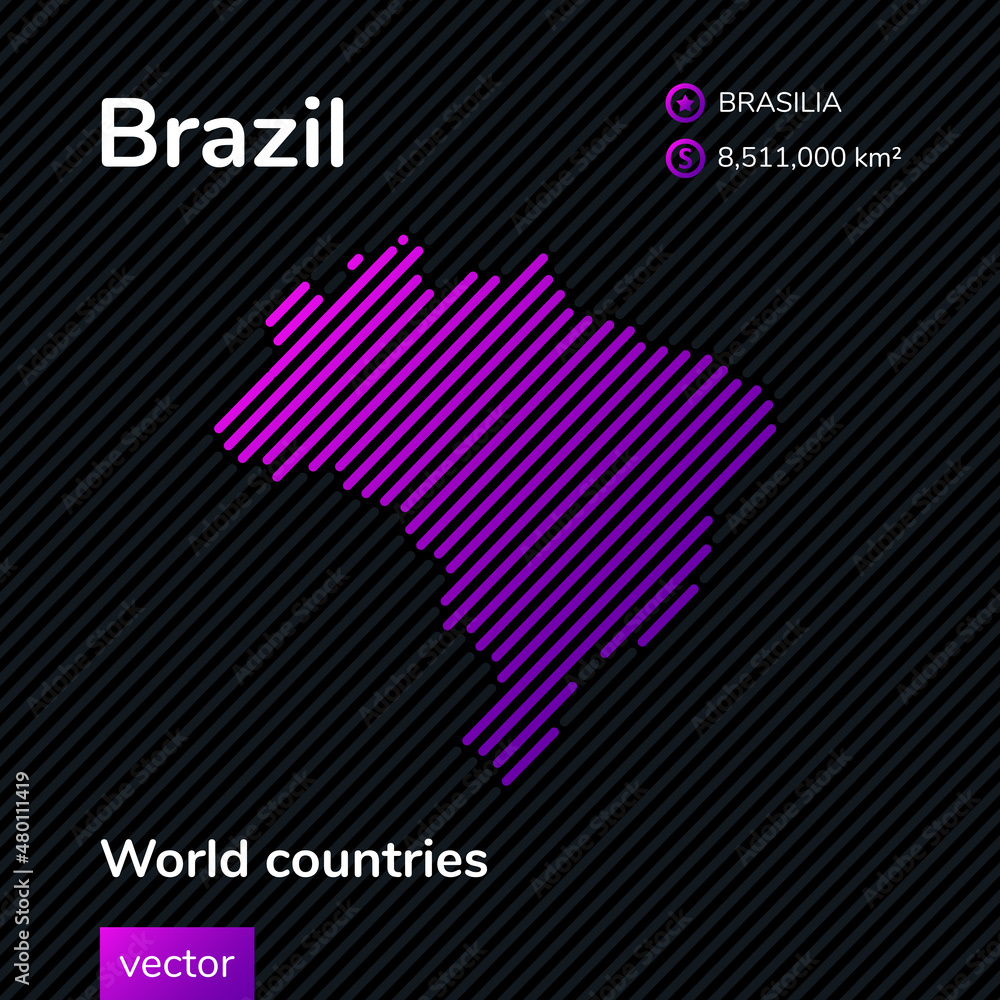 Stylized vector map of Brazil in violet colors on striped black background in flat style