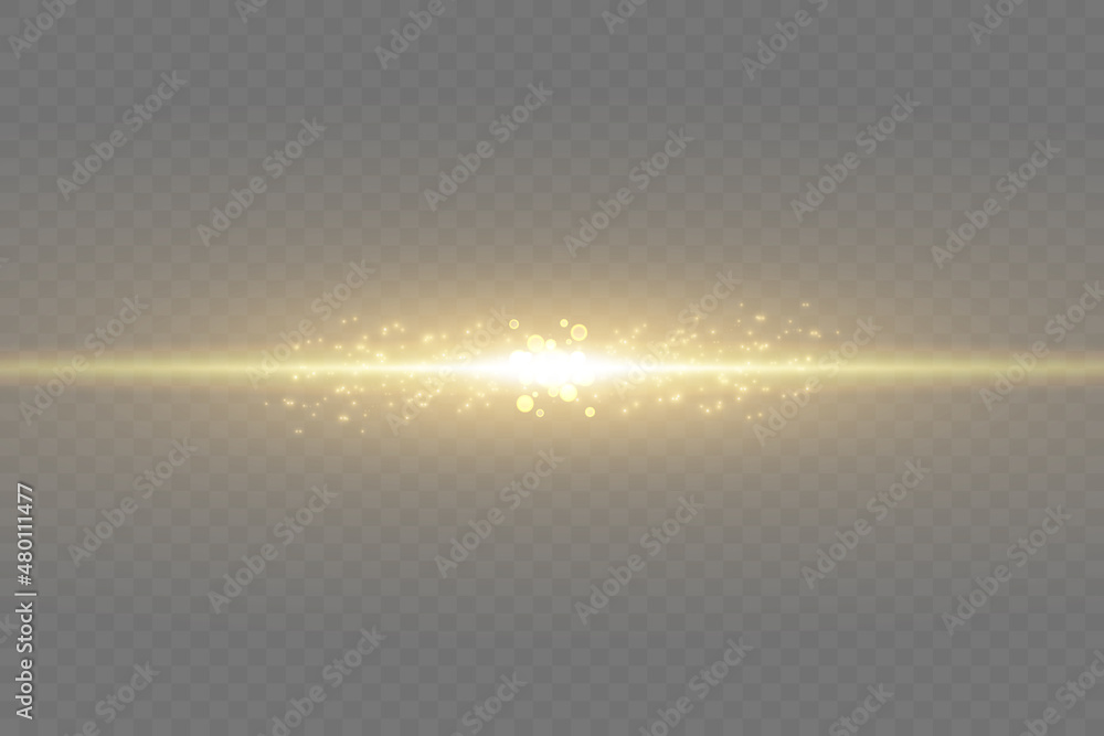 Obraz premium yellow horizontal lens flares pack. Laser beams, horizontal light rays.Beautiful light flares. Glowing streaks on dark background. Luminous abstract sparkling lined background.