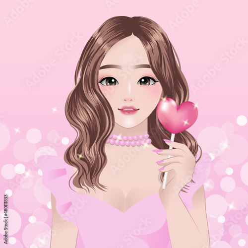Cute Asian woman with heart shape lollipop candy. Cartoon vector design