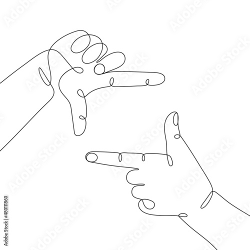 Single line drawn hand gestures,  minimalistic human framing hands, frame made from fingers, photo and focus sign. Dynamic continuous one line graphic vector design