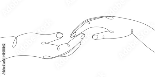Single line drawn hand gestures,  minimalistic human hands showing love, romantic, relationship sign,  barely touching one another. Dynamic continuous one line graphic vector design