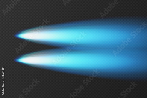Blue transparent car head light top view on dark background. Vector shine beam on night road. Glow effect of LED auto spotlight. Bright vehicle headlight in nighttime template
