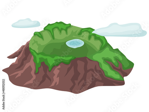 Flat beautiful mountain peak, nature water landscape vector illustration, mountain top plateau. Summer season vacation concept. Top view of crater of an extinct volcano overgrown with green plants