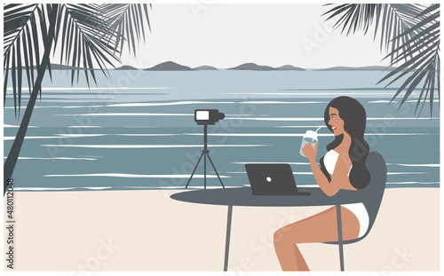 Young vlogger making content and record video on social media vector illustration. Influencer, blogger, vlogger concept
