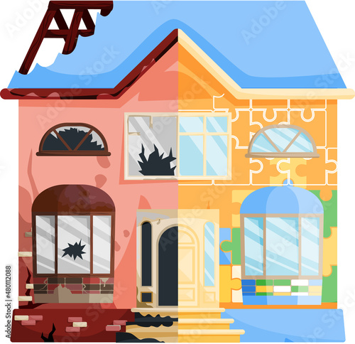Home renovation, house before and after repair. New and old suburban cottage. Remodel construction. Old run-down house remodeled into cute traditional suburban cottage. Building maintenance service