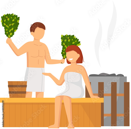 Cartoon people characters taking steam bath together. Flat vector illustration. Woman and man enjoying baths and steam, hammam with sauna whisk. Relax, health, bathhouse concept, wellness procedure