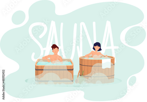 Cartoon people characters taking steam bath together. Flat vector illustration. Woman and man enjoying baths and steam, hammam with sauna whisk. Relax, health, bathhouse concept, wellness procedure
