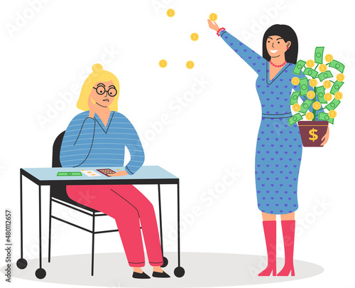 Richness and poverty concept. Rich happy woman scatter money, poor woman counts savings on calculator. Financial success concept with cartoon thrifty person and wealthy lady. Financial superiority