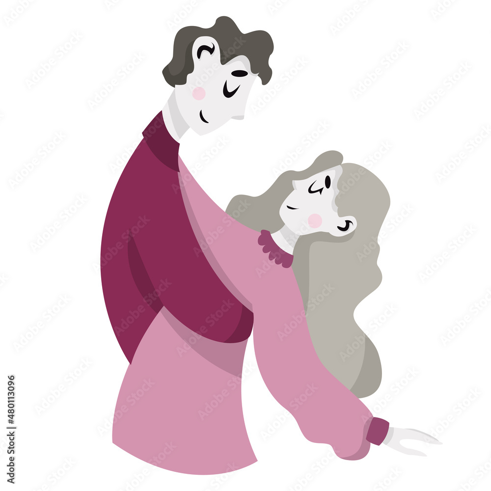 Embraces of a loving couple. Couple in love dancing together and smile. Happy Valentines Day 14 February vector illustration. Romantic concept.