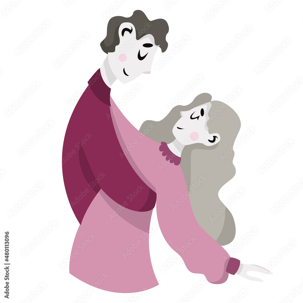 Obraz premium Embraces of a loving couple. Couple in love dancing together and smile. Happy Valentines Day 14 February vector illustration. Romantic concept.