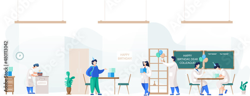 Birthday party in hospital, fun entertainment in medical office. Doctors organize holiday congratulate colleague. Interaction, entertainment at workplace. Team of medics giving gifts and cake