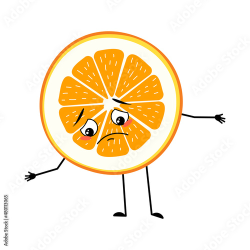Orange character with sad emotion, face, depressive eyes, arms and legs. Citrus slice person with melancholy expression, fruit emoticon.