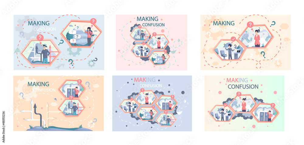 Making confusion. Doubts person surrounded by question marks. Questions dilemma situations. Asking questions. Confused people. Making choice. Being confused. Thinking or make decision. Solving problem