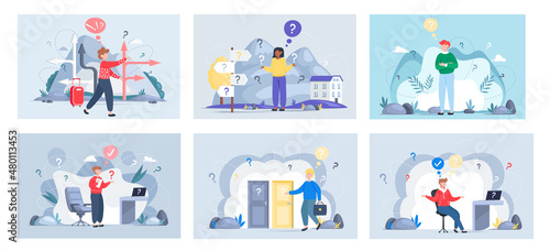 Making confusion. Doubts person surrounded by question marks. Questions dilemma situations. Asking questions. Confused people. Making choice. Being confused. Thinking or make decision. Solving problem