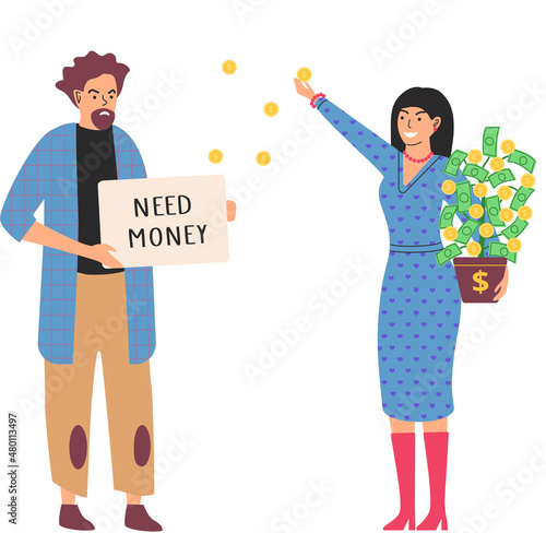 Richness and poverty concept. Rich happy woman scatter bills, poor man holding sign need money. Financial success concept with cartoon unemployed person and wealthy lady. Financial superiority